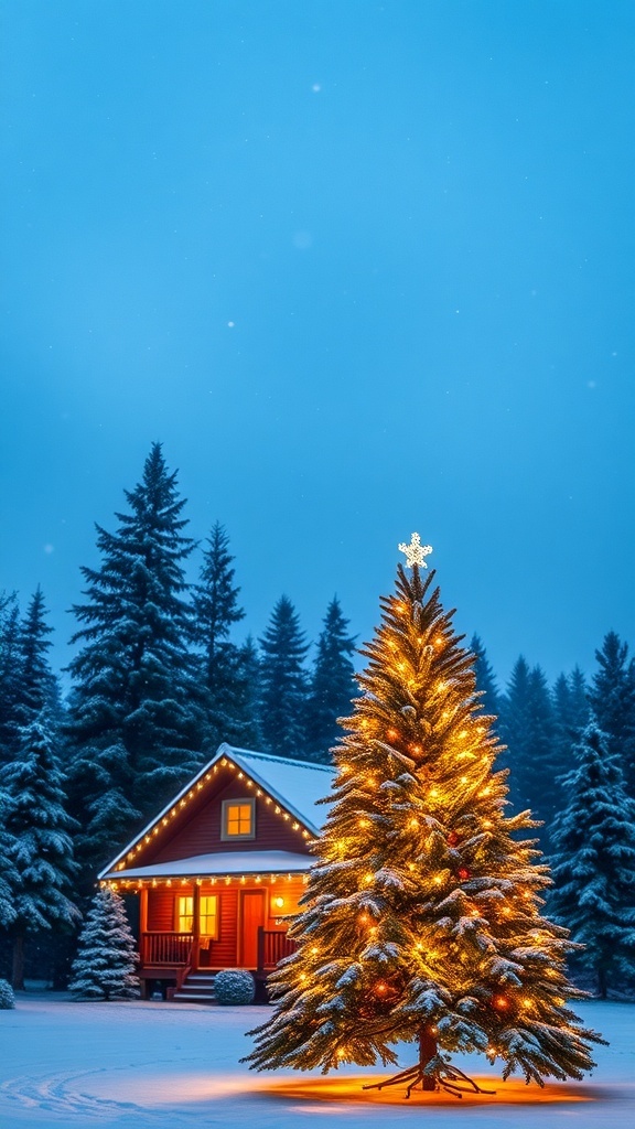 A peaceful winter scene with a blue sky, snow-covered cabin, and a glowing Christmas tree.